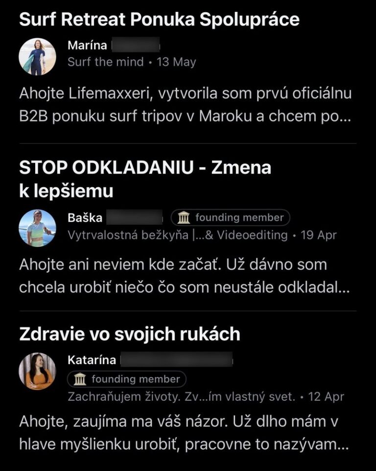 Príspevky členov: ponuka spolupráce, osobný príbeh a otázka na komunitu